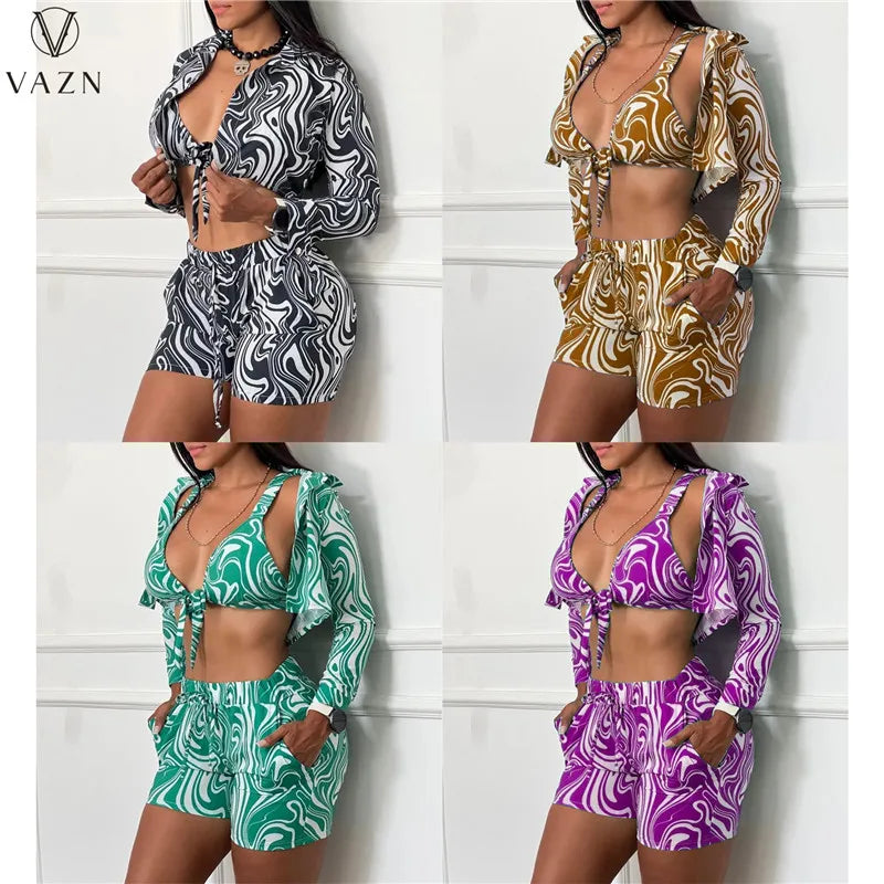 VAZN 2022 Fashion New Women Sexy Holiday Style Sets Deep V Short Top Elastic Short Pants Long Sleeve Outwear 3 Piece Sets