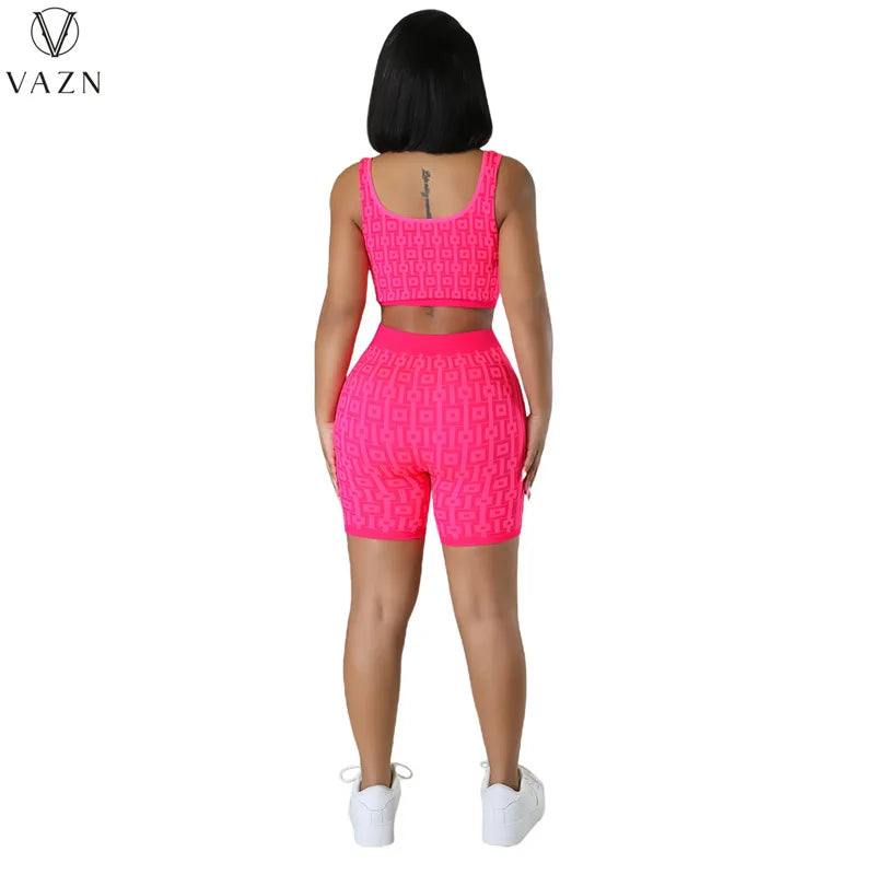 VAZN 2023 Street Girl Style Women Sets Sleeveless Round Neck Short Top Elastic Short Pants Lady Printed Lady 2 Piece Set