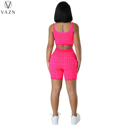 VAZN 2023 Street Girl Style Women Sets Sleeveless Round Neck Short Top Elastic Short Pants Lady Printed Lady 2 Piece Set