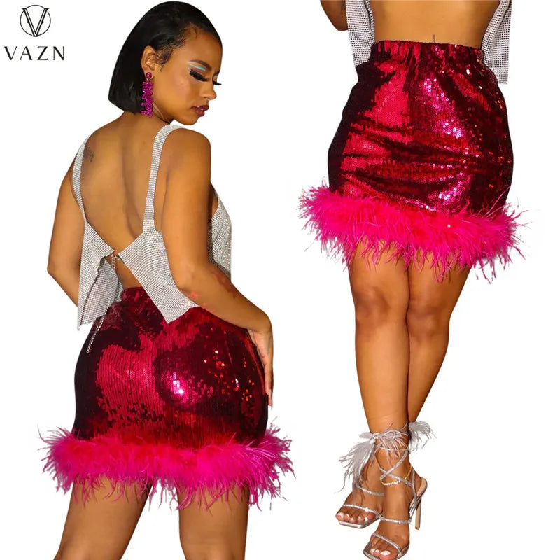 VAZN 2022 Women Fashion New Sexy Club Party Style Mini Short Skirt Elastic High Waist Pure Color Sequins Lady Short Skirt