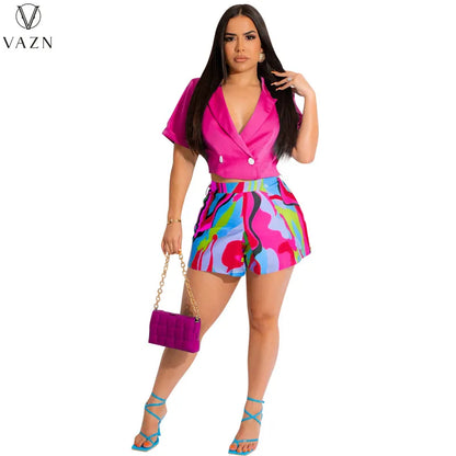 VAZN 2023 Street Casual Style Women Sets Short Sleeve Lapel Short Top Short Pants Lady Printed Lady Two Piece Set