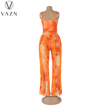 VAZN New 2023 Sleeveless Strapless Jumpsuits Elastic Long Pants Printed Lady Two Piece Set Casual Street Style Women Suit