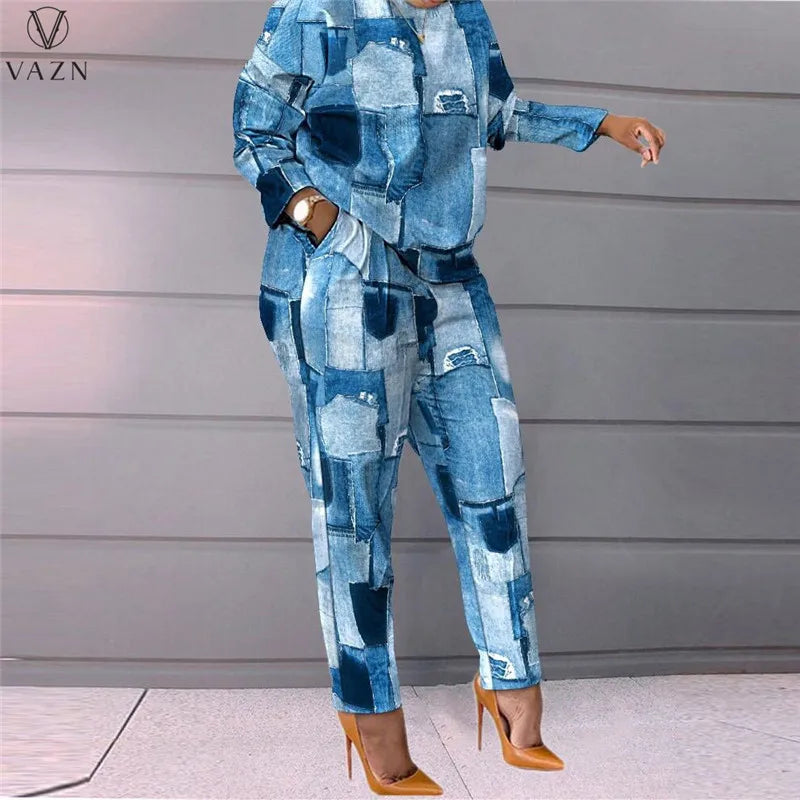 VAZN New 2022 Fashion Street Casual Style Women Suit Long Sleeve Round Neck Top Elastic Pockets Long Pants Printed Two Piece Set