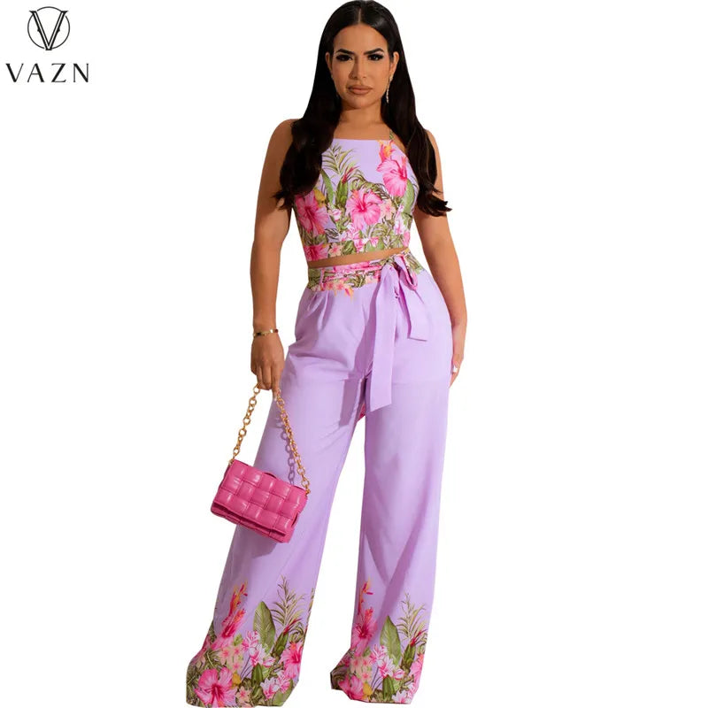 VAZN New 2023 Sleeveless Strapless Short Top Elastic Long Pants Printed Lady Two Piece Set Sexy Holiday Style Women Suit