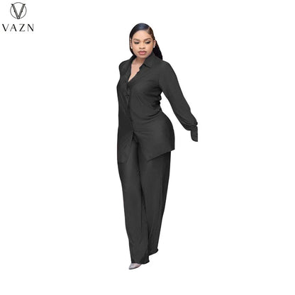 VAZN New 2022 Fashion Casual Street Style Women Suit Long Sleeve Lapel Shirt Elastic Long Pants Pure Color Two Piece Set