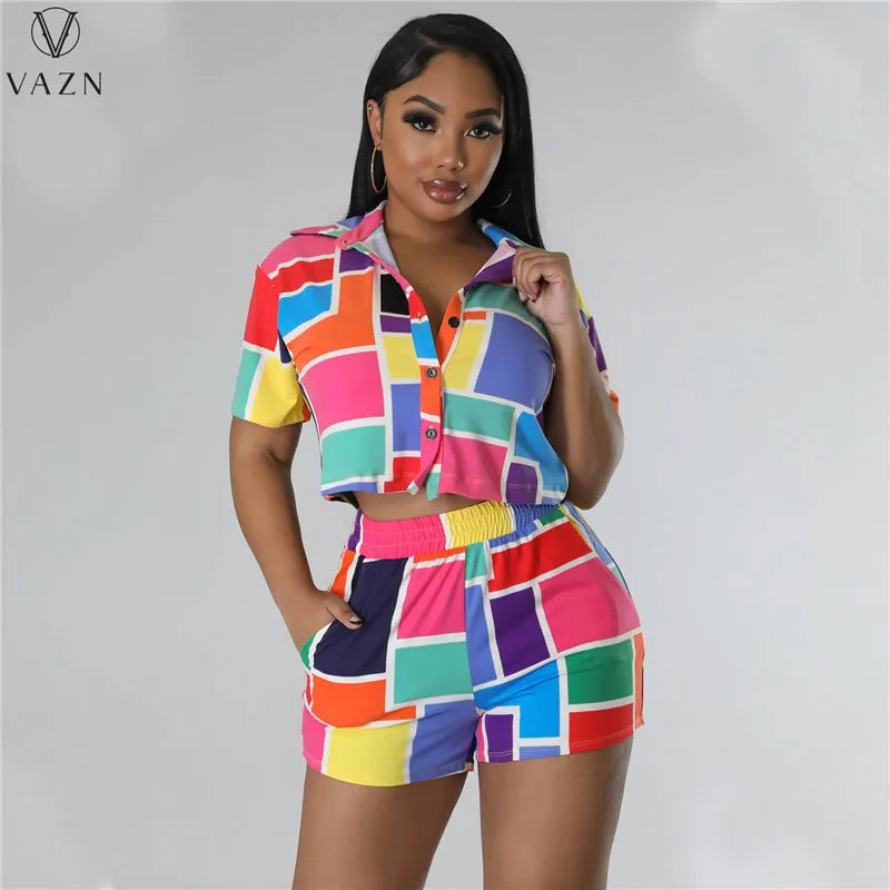 VAZN 2023 Sexy Girl Style Women Sets Short Sleeve Lapel Short Elastic Pockets Short Pants Lady Printed Lady 2 Piece Set