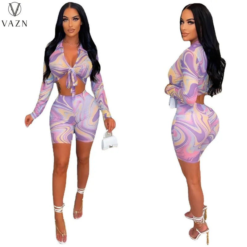 VAZN 2022 Women Sexy Holiday Style Sets Long Sleeve Lapel Short Top Elastic Short Pants Printed Lady Two Piece Set