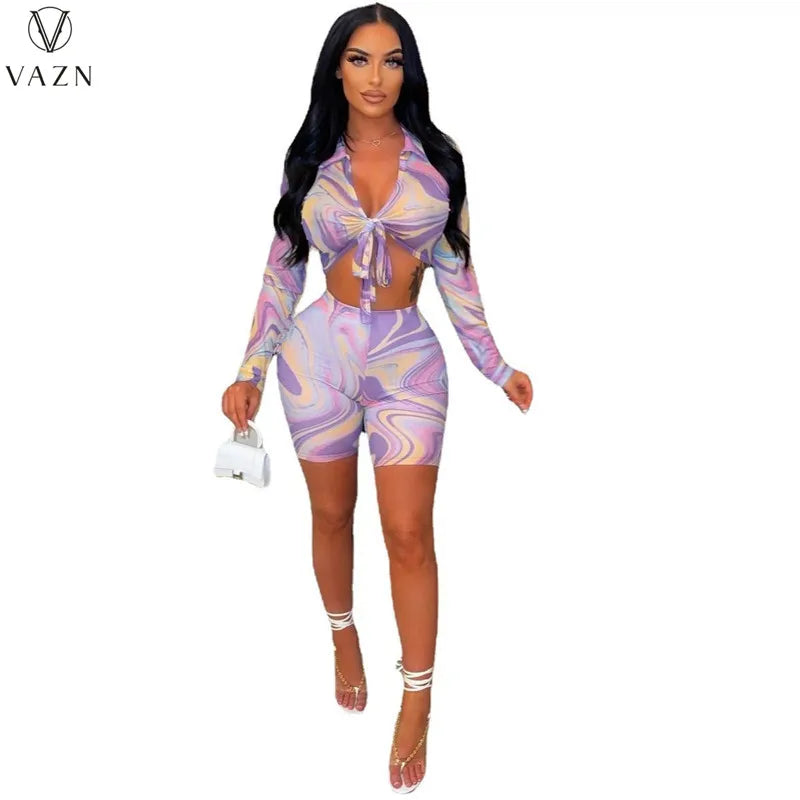 VAZN 2022 Women Sexy Holiday Style Sets Long Sleeve Lapel Short Top Elastic Short Pants Printed Lady Two Piece Set