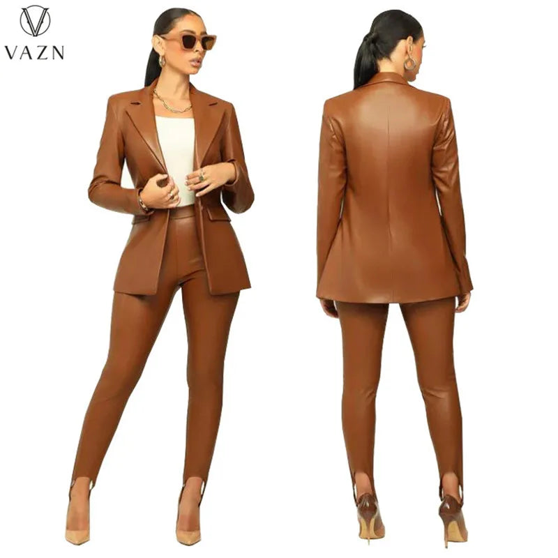 VAZN New 2022 Long Sleeve Lapel Outwear Top Elastic Long Pants Pure Color Lady 2 Piece Set Casual Street Style Women Suit