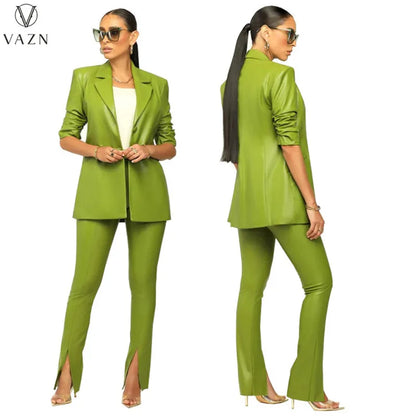 VAZN New 2022 Long Sleeve Lapel Outwear Top Elastic Long Pants Pure Color Lady 2 Piece Set Casual Street Style Women Suit