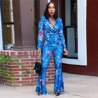 VAZN 2023 Autumn Latest Style Retro Print Office Lady Full Sleeve Suits Open Stitch +Long Boot Cut Pants Women 2 Piece Set