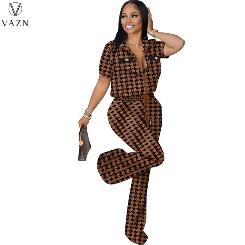 VAZN 2023 New Fashion Casual Street Style 2 Piece Sets Short Sleeve Lapel Zipper Top Elastic Long Pants Printed Women Set