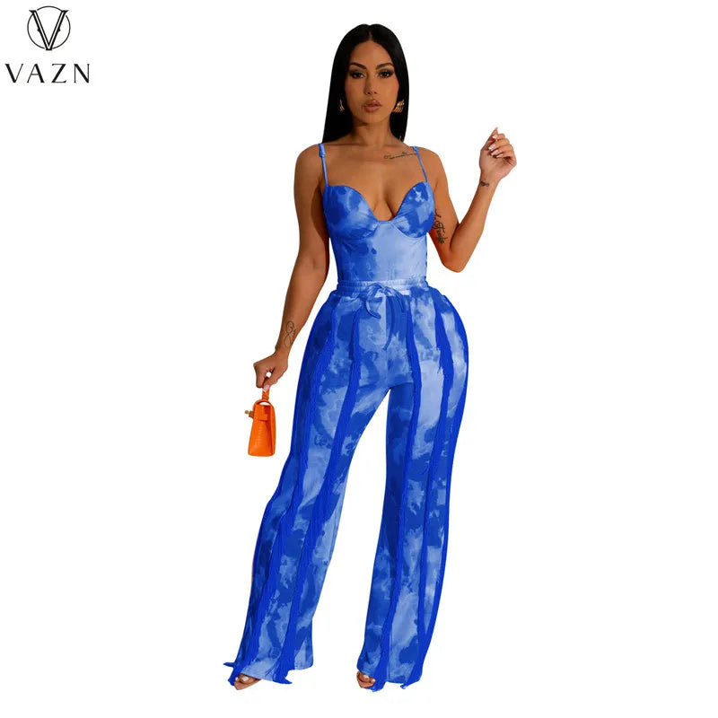 VAZN New 2023 Sleeveless Strapless Jumpsuits Elastic Long Pants Printed Lady Two Piece Set Casual Street Style Women Suit