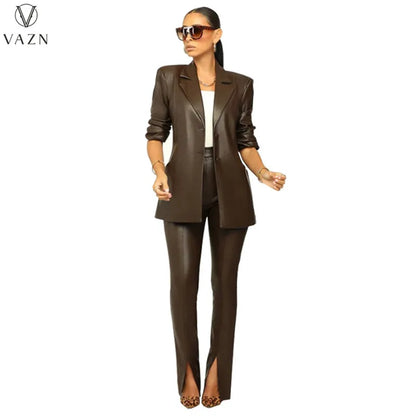 VAZN New 2022 Long Sleeve Lapel Outwear Top Elastic Long Pants Pure Color Lady 2 Piece Set Casual Street Style Women Suit