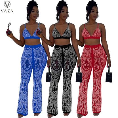 VAZN 2022 Fashion Lady Sexy Street Style 2 Piece Sets Sleeveless Strapless Short Top Elastic Long Pants Printed Women Sets