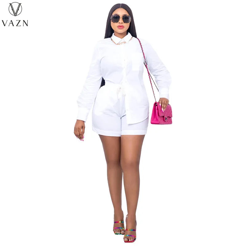 VAZN New 2022 Ladies Spring Fashion Street Girl Style Women Suit Long Sleeve Lapel Shirt Elastic Short Pants Pure Color Set