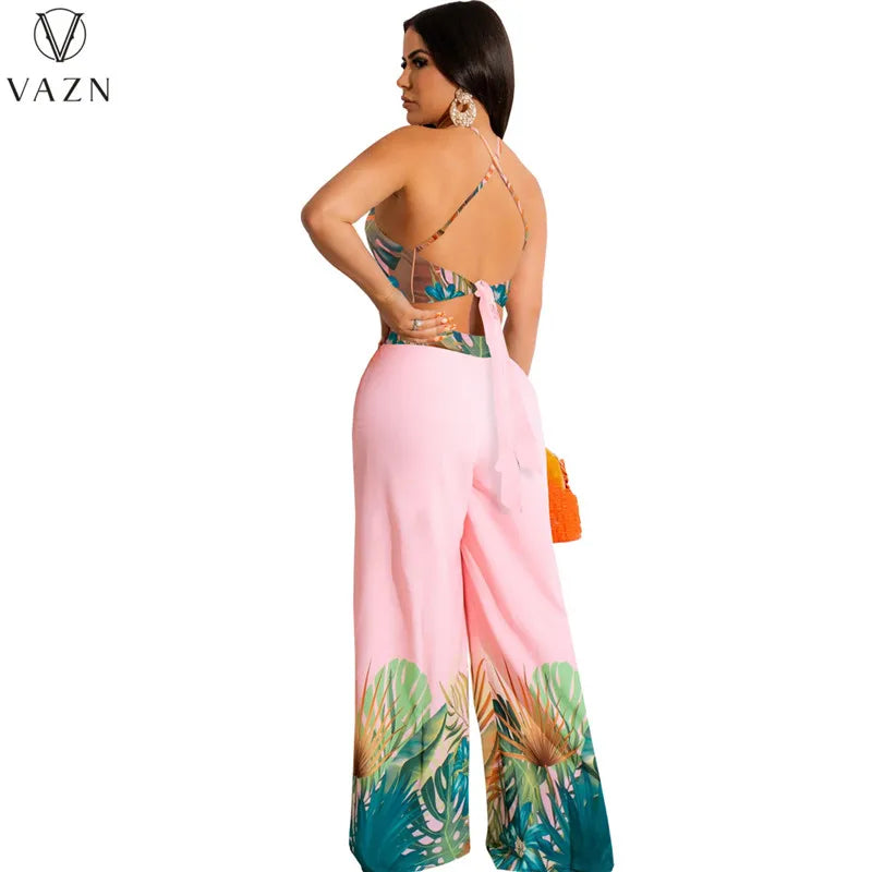 VAZN New 2023 Sleeveless Strapless Short Top Elastic Long Pants Printed Lady Two Piece Set Sexy Holiday Style Women Suit