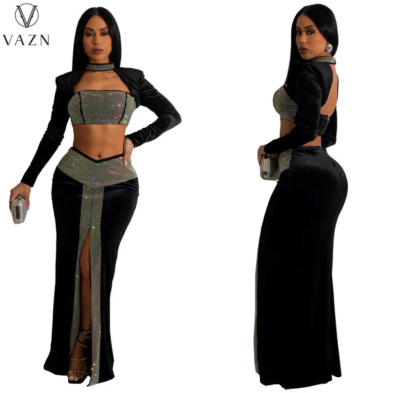 VAZN 2022 Hot Drilling Sexy Club Party Style Women Suit Long Sleeve Dew Waist Top Floor Length Skirt Lady Pure Color 2 Piece Set