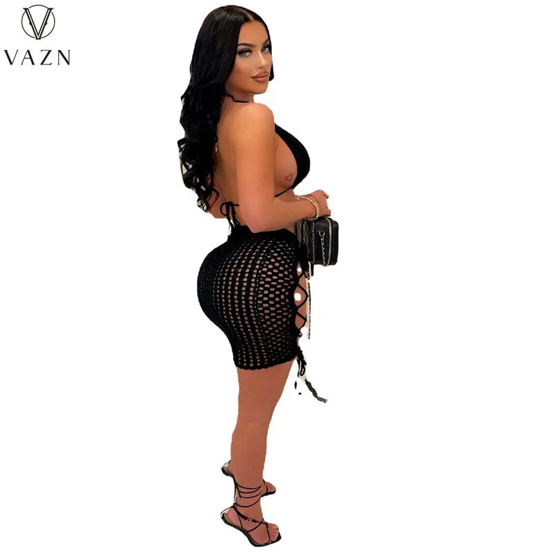 VAZN 2022 Fashion New Sexy Club Party Style Women Suit Sleeveless Short Top Elastic Mini Short Skirt Hollow Out 2 Piece Sets