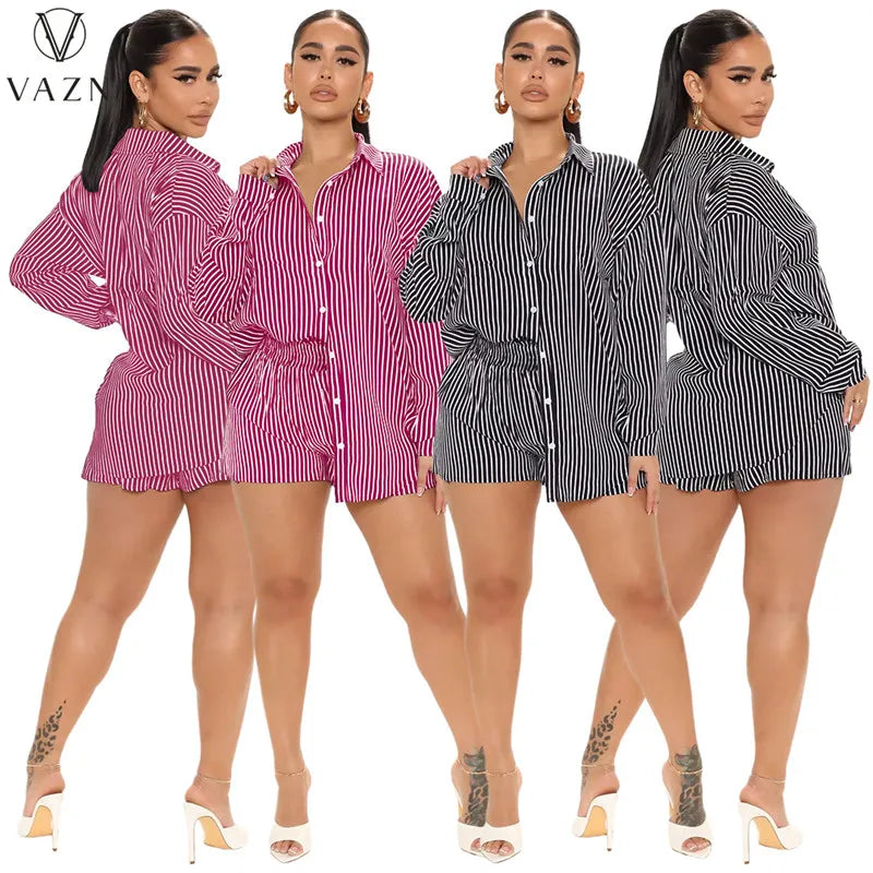 VAZN 2022 New Women Casual Street Style Sets Long Sleeve Lapel Single Breasted Shirt Elastic Short Pants Striped 2 Piece Set