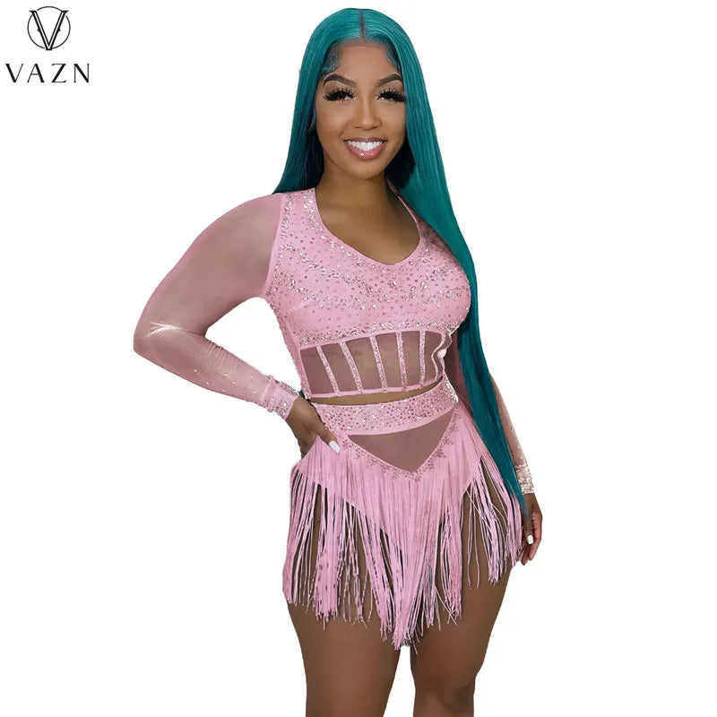 VAZN 2023 Sexy Girl Style Women Sets Long Sleeve Deep V Top Elastic Tassel Short Pants Lady Pure Color Lady Two Piece Set