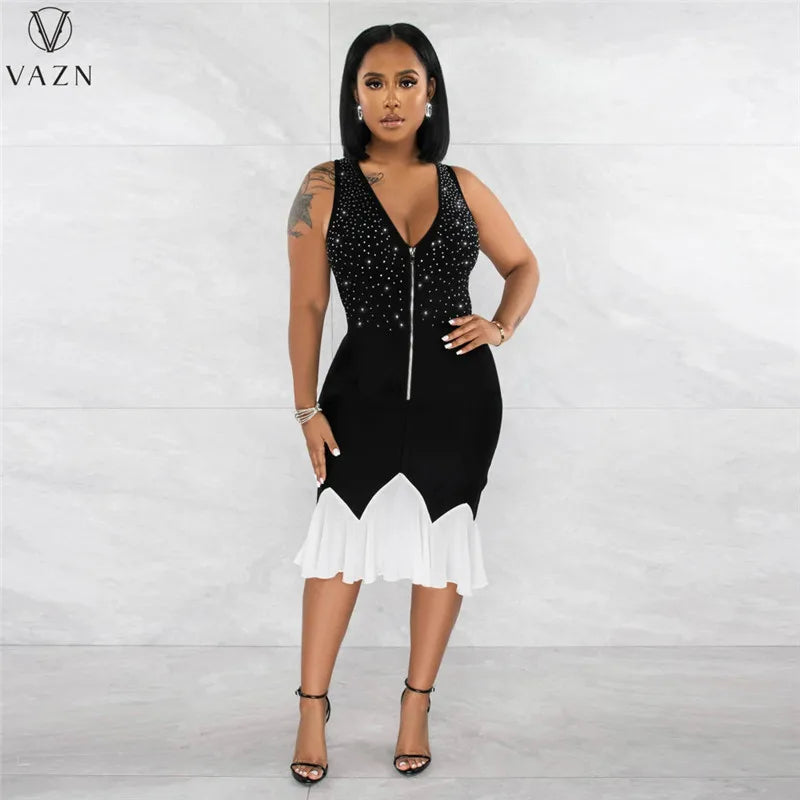 VAZN 2023 High Street Style Women Mid Long Dress Printed Lady  Long Dresses Hot Sale Sleeveless Zipper V Neck Dress