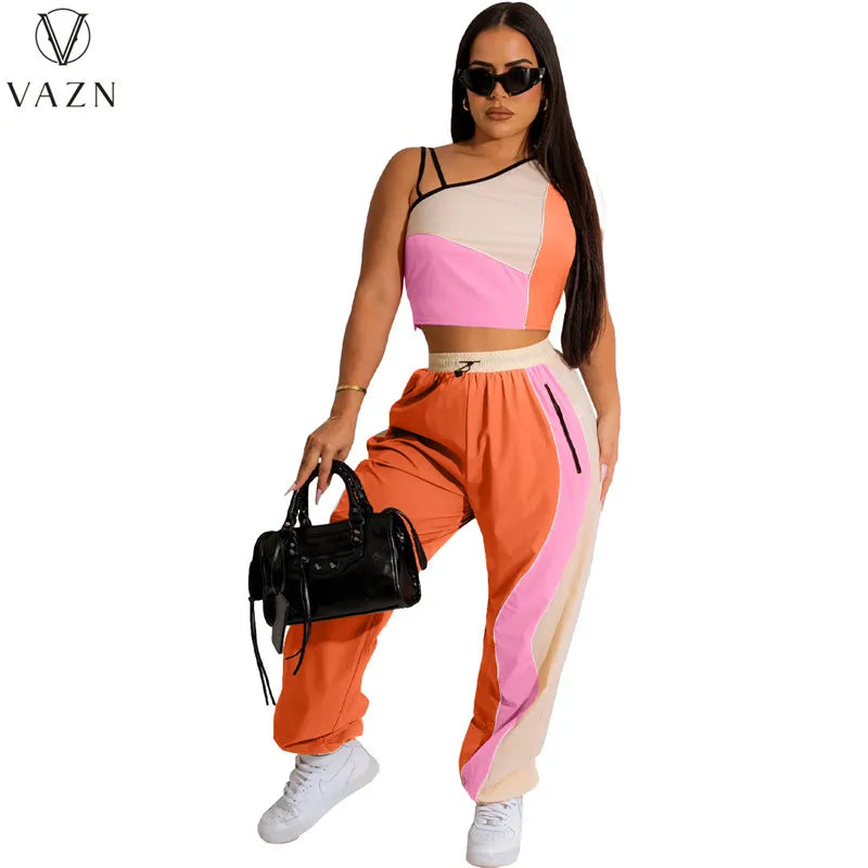 VAZN New 2023 Sleeveless One Shoulder Short Top Elastic Long Pants Printed Lady 2 Piece Set Fashion Casual Street Style