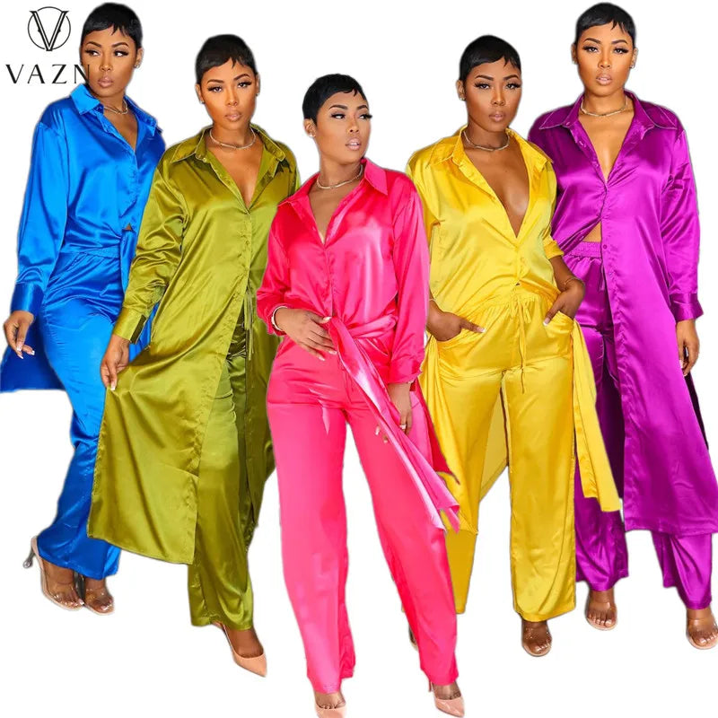 VAZN 2023 New Fashion Casual Street Style 2 Piece Sets Long Sleeve Lapel Long Shirt Elastic Long Pants Pure Color Women Set