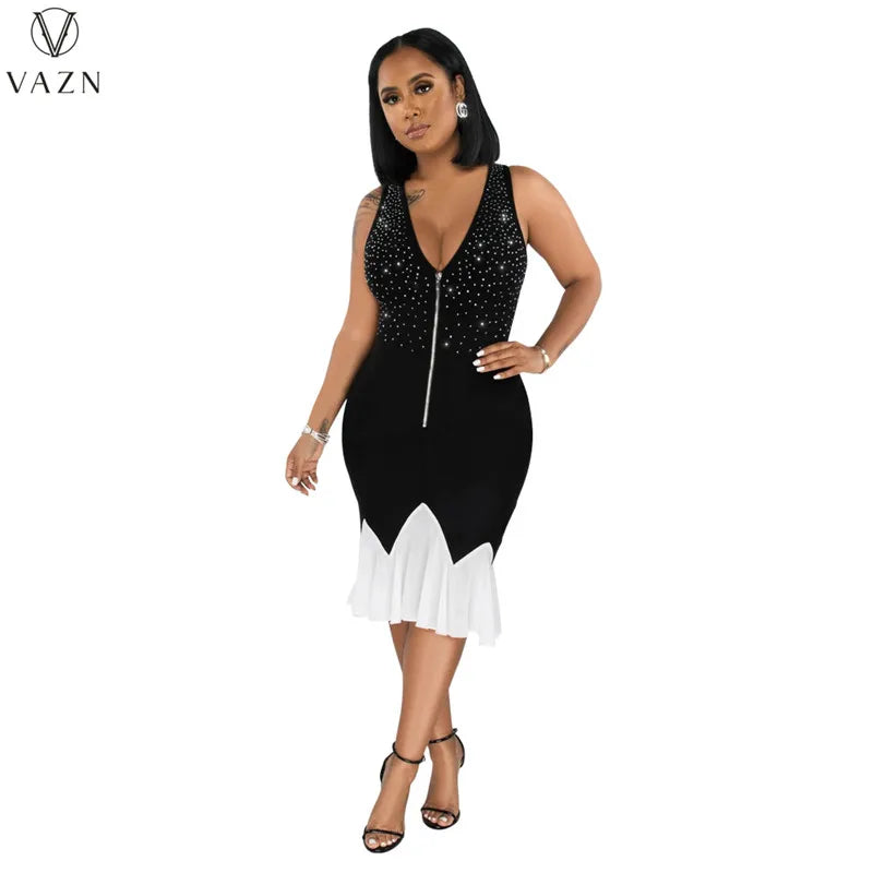 VAZN 2023 High Street Style Women Mid Long Dress Printed Lady  Long Dresses Hot Sale Sleeveless Zipper V Neck Dress