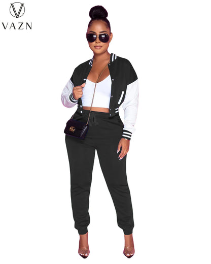 VAZN 2022 Fashion Lady Street Casual Style 2 Piece Sets Long Sleeve Short Top Elastic Long Pants Pure Color Women Suit