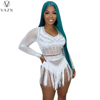 VAZN 2023 Sexy Girl Style Women Sets Long Sleeve Deep V Top Elastic Tassel Short Pants Lady Pure Color Lady Two Piece Set