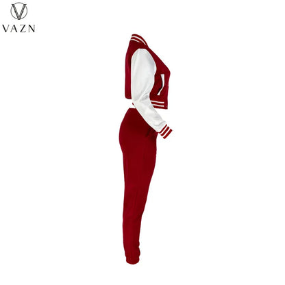 VAZN 2022 Fashion Lady Street Casual Style 2 Piece Sets Long Sleeve Short Top Elastic Long Pants Pure Color Women Suit