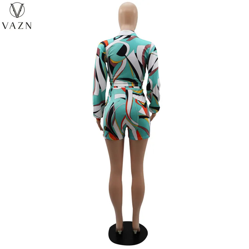 VAZN 2023 New Street Casual Style Women Sets Long Sleeve Lapel Top Elastic Short Pants Lady Printed Lady Two Piece Set