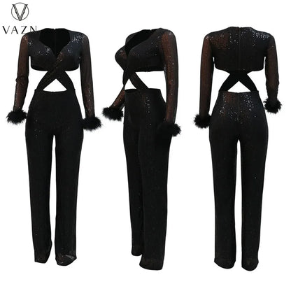 VAZN New 2023 Fashion Sexy Street Style Women Suit Long SleeveV Neck Short Top Elastic Long Pants Pure Color Two Piece Sets