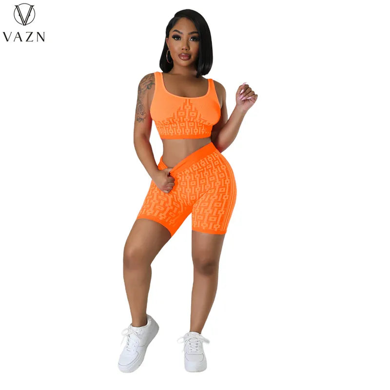 VAZN 2023 Street Girl Style Women Sets Sleeveless Round Neck Short Top Elastic Short Pants Lady Printed Lady 2 Piece Set