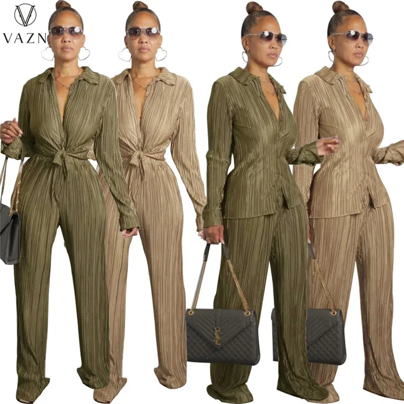 VAZN New 2022 Fashion Casual Street Style Women Suit Long Sleeve Lapel Shirt Top Long Pants Pure Color Two Piece Set