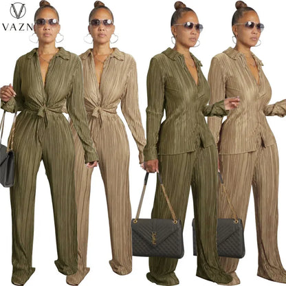 VAZN New 2022 Fashion Casual Street Style Women Suit Long Sleeve Lapel Shirt Top Long Pants Pure Color Two Piece Set