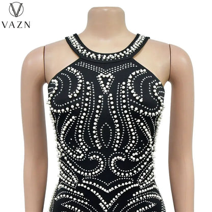 VAZN 2023 New Luxury Designer Young Sexy Club Diamonds Flaring Spaghetti Strap Backless Women High Waist Long Mermaid Dress