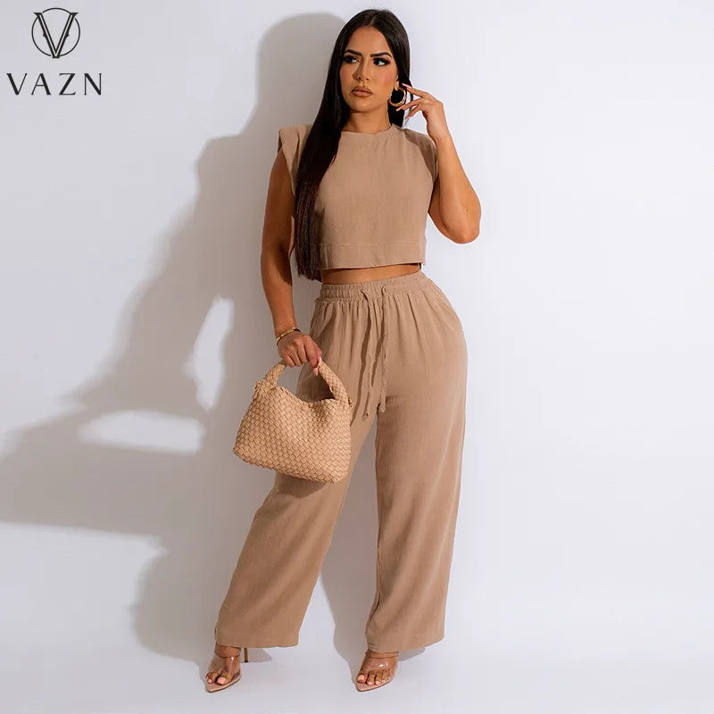 VAZN New 2023 Short Sleeve Round Neck Top Elastic Long Pants Pure Color 2 Piece Set Casual Street Style Women Suit