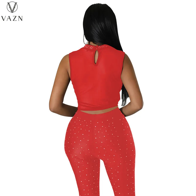 VAZN New 2023 Fashion Sexy Street Style Women Suit Sleeveless Round Neck Short Top Elastic Long Pants Pure Color Two Piece Sets