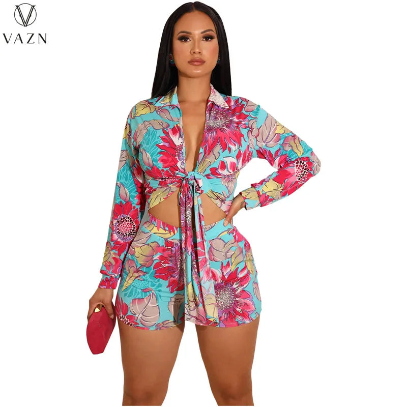 VAZN 2022 New Women Casual Holiday Style Sets Long Sleeve Deep V Top Elastic Short Pants Printed Lady 2 Piece Set