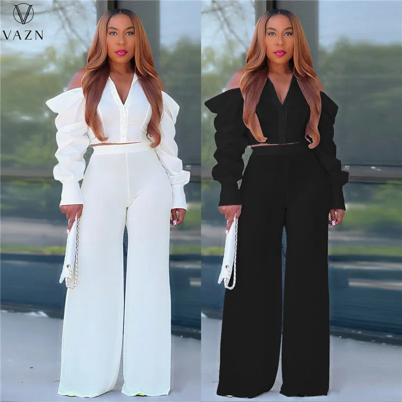 VAZN 2022 New Street Casual Style Women Suit Long Sleeve Single Breasted Shirt Elastic Long Pants Two Piece Set