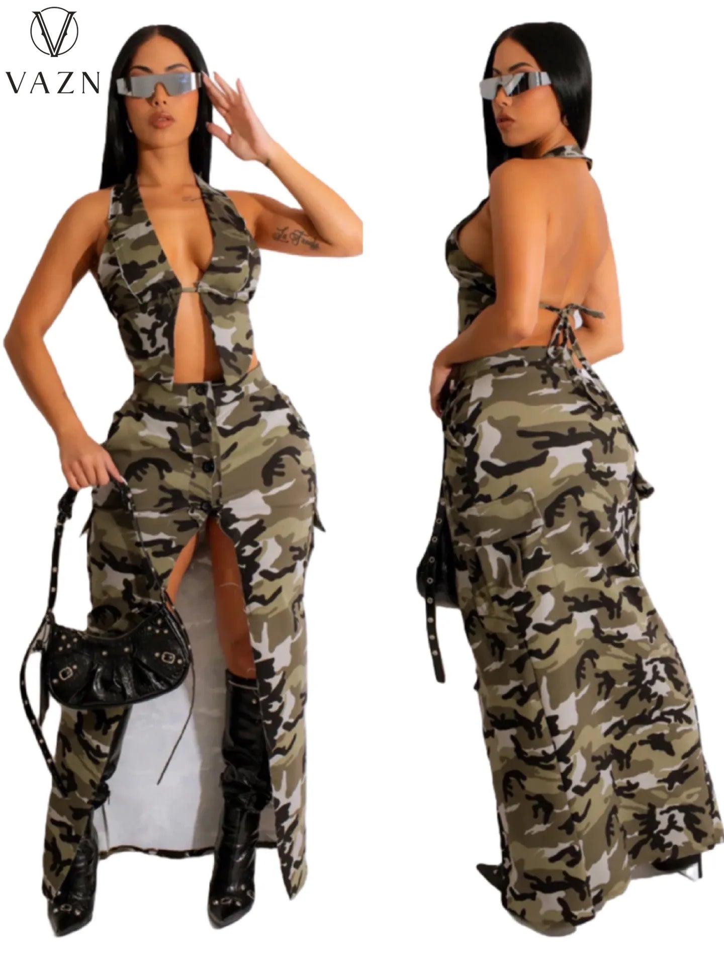 VAZN 2023 Sexy Girl Style Women Sets Sleeveless Deep V Long Dress Elastic Short Pants Lady Camouflage Lady 2 Piece Set