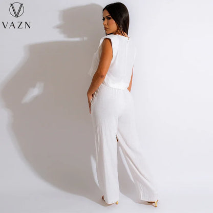 VAZN New 2023 Short Sleeve Round Neck Top Elastic Long Pants Pure Color 2 Piece Set Casual Street Style Women Suit