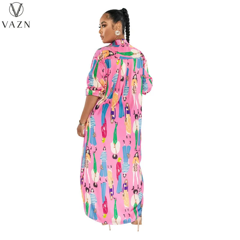 VAZN 2023 Printed Lady Long Dresses Hot Sale Long Sleeve Lapel Dress Casual Street Style Women Floor Length Shirt Dress