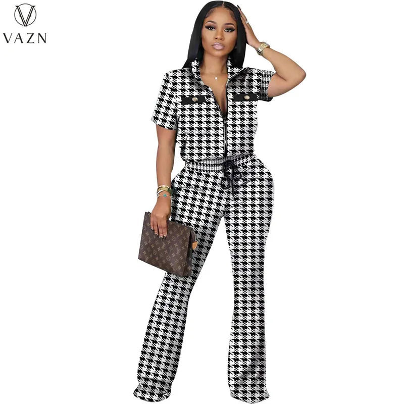 VAZN 2023 New Fashion Casual Street Style 2 Piece Sets Short Sleeve Lapel Zipper Top Elastic Long Pants Printed Women Set