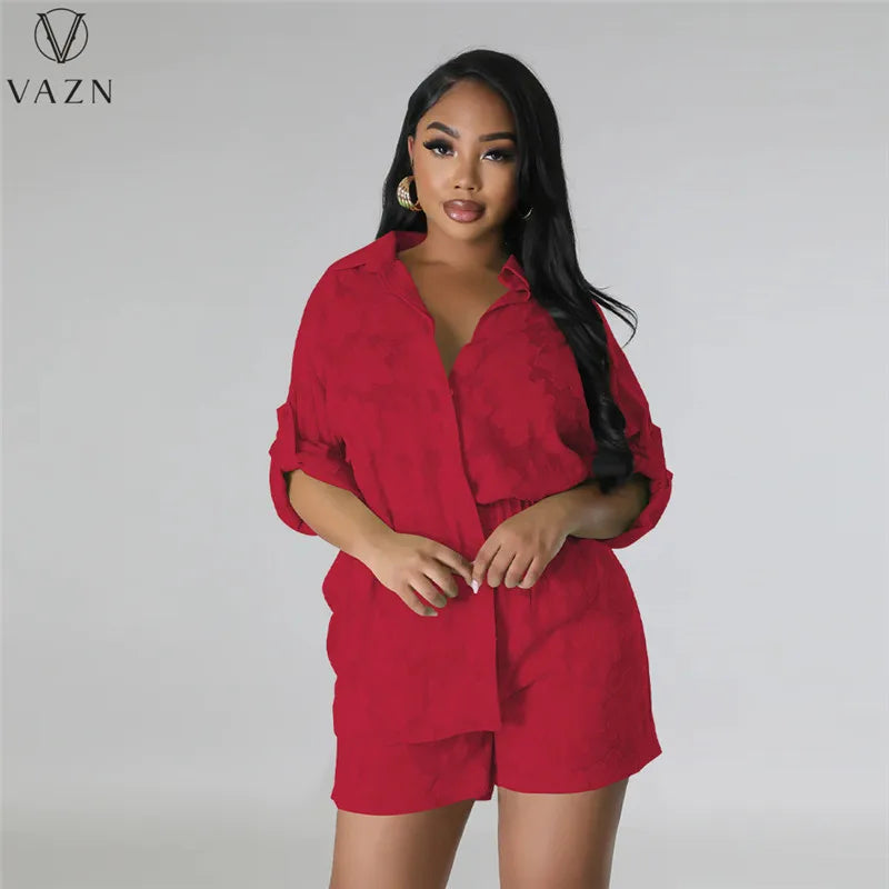 VAZN 2023 Street Casual Style Women Sets Long Sleeve Lapel Shirt Elastic Pockets Short Pants Lady Pure Color Lady Two Piece Set