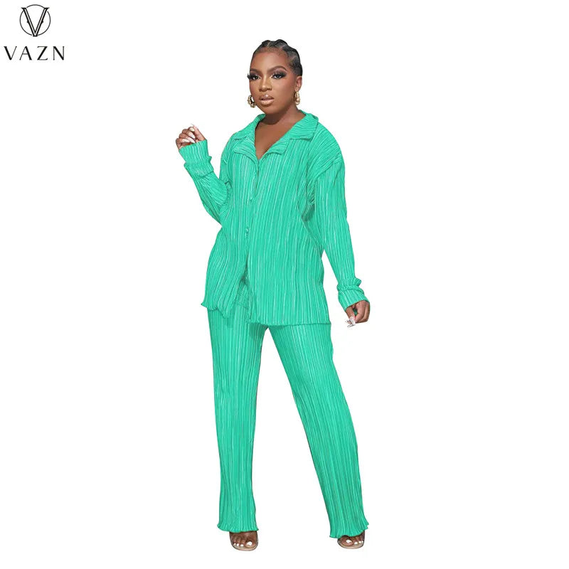 VAZN New 2022 Fashion Street Casual Style Women Suit Long Sleeve Lapel Shirt Elastic Long Pants Pure Color Two Piece Set