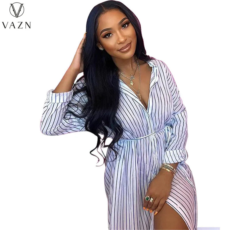 VAZN 2023  Top Quality Striped Casual Young Office Lady Chiffon Striped Full Sleeve Open Stitch Shirt Women Long Straight Dress