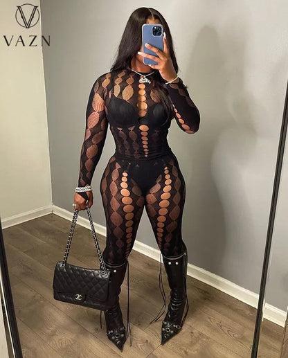 VAZN 2023 New Arrival Young Black See Through Lace Round Neck Full Sleeve High Waist + Long Pencil Pant Women 2 Piece Set